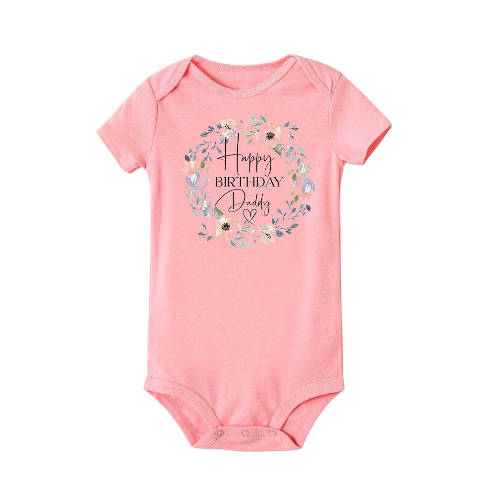 Baby boy's short sleeve birthday bodysuit by Nova Mart featuring "Happy Birthday Daddy" print, perfect for summer rompers.