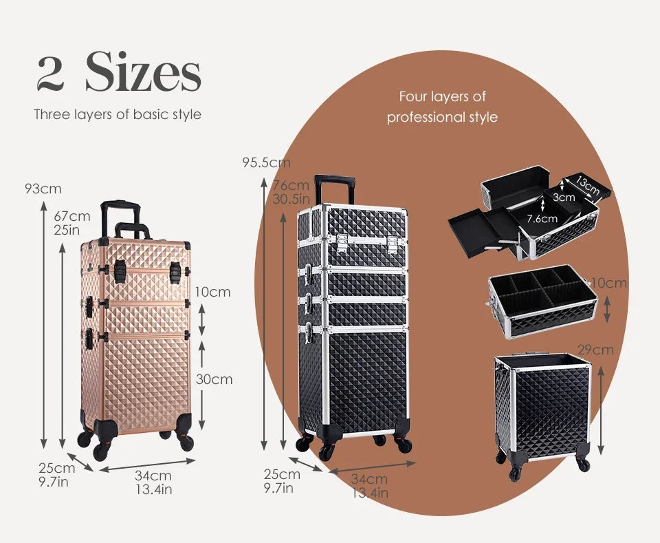Nova Mart Maxulene 4-in-1 detachable makeup trolley case with wheels, featuring multiple compartments and a sleek design.