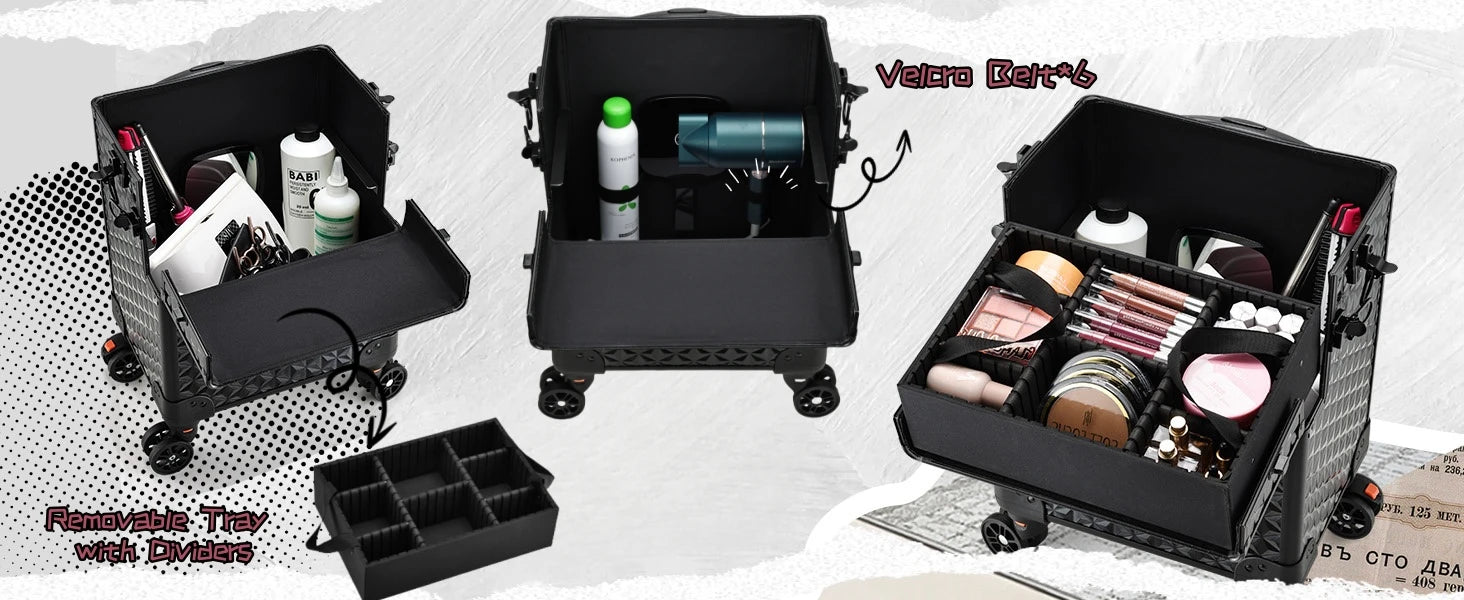Maxulene rolling makeup train case by Nova Mart with wheels and lock, featuring organized compartments for cosmetics and beauty tools.