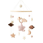 Wooden baby crib rattle toy with crochet bed bell bracket for infants 0-12 months, in natural wood finish.