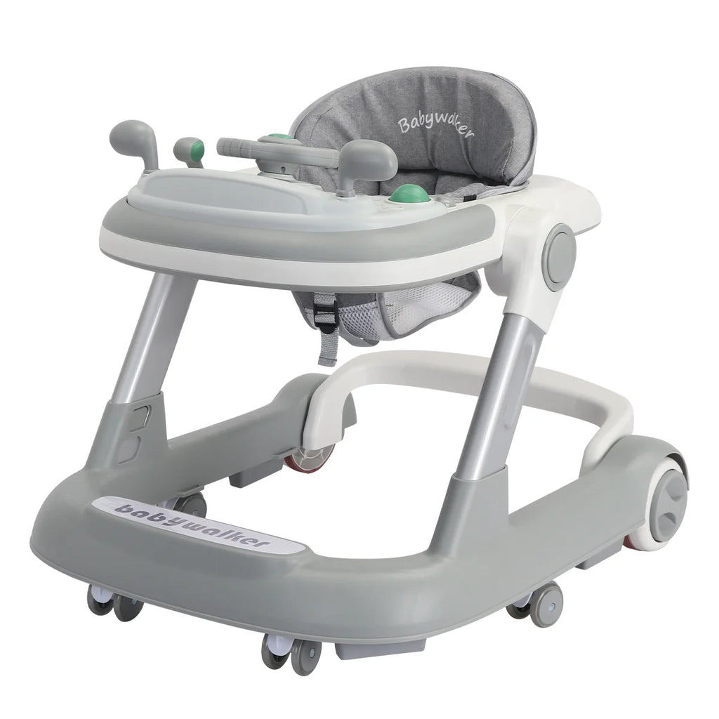 Foldable baby activity walker with feeding tray and music tray by Nova Mart, showing the walker with colorful toys and safety features.