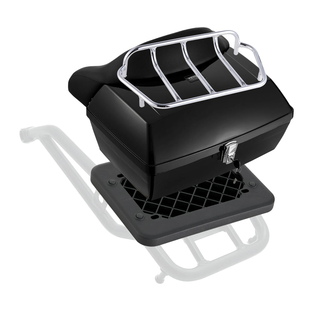 Nova Mart SucceBuy 48L motorcycle top case with backrest and lock, mounted on a motorcycle for secure storage.