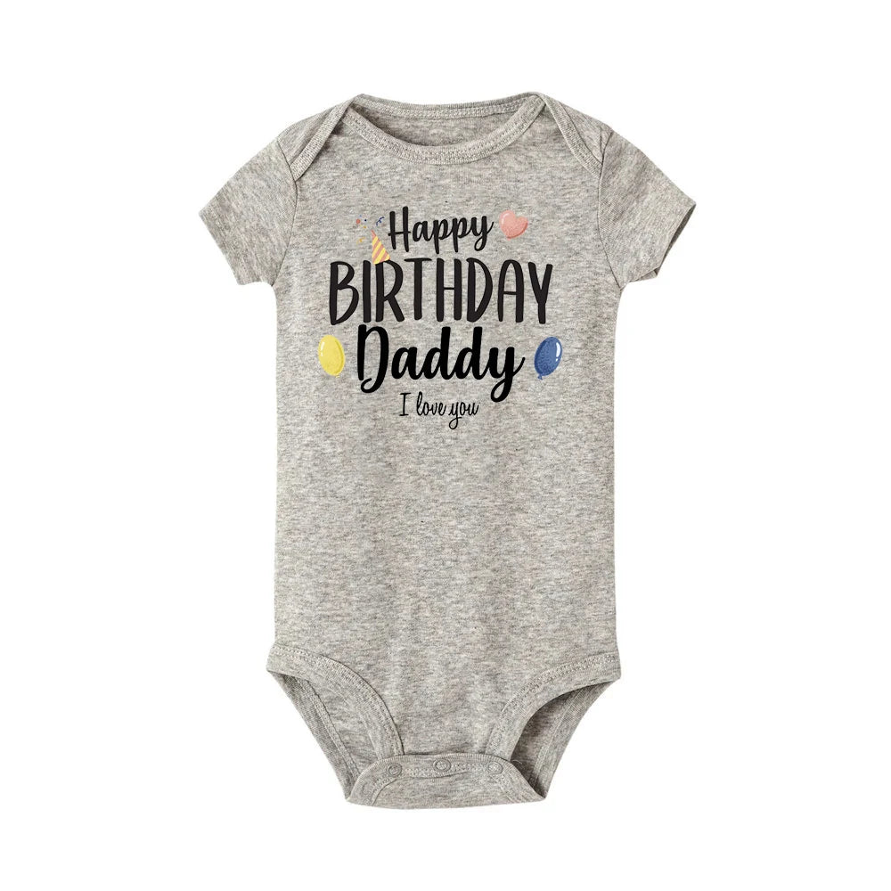 Baby boy birthday bodysuit by Nova Mart, short sleeve summer romper with "Happy Birthday Daddy" print, suitable for special occasions.