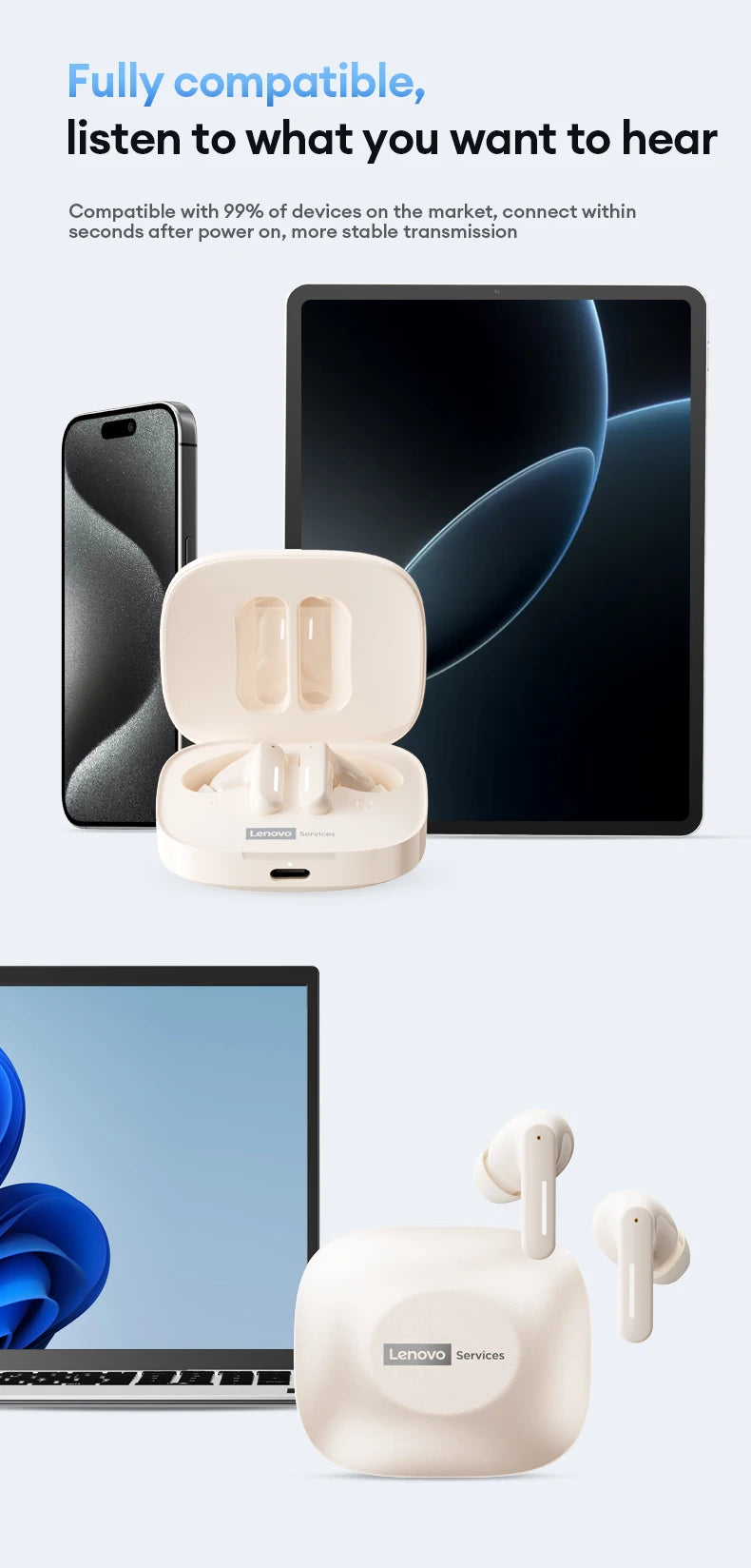 Lenovo LE209 ANC earbuds with HiFi 12mm drivers and 30-hour battery, wireless in-ear headphones with noise cancellation