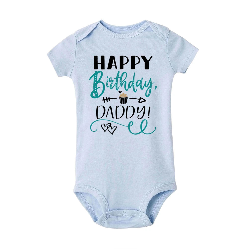 Baby bodysuit by Nova Mart featuring a happy birthday daddy design, short sleeve summer romper for babies, soft and comfortable.