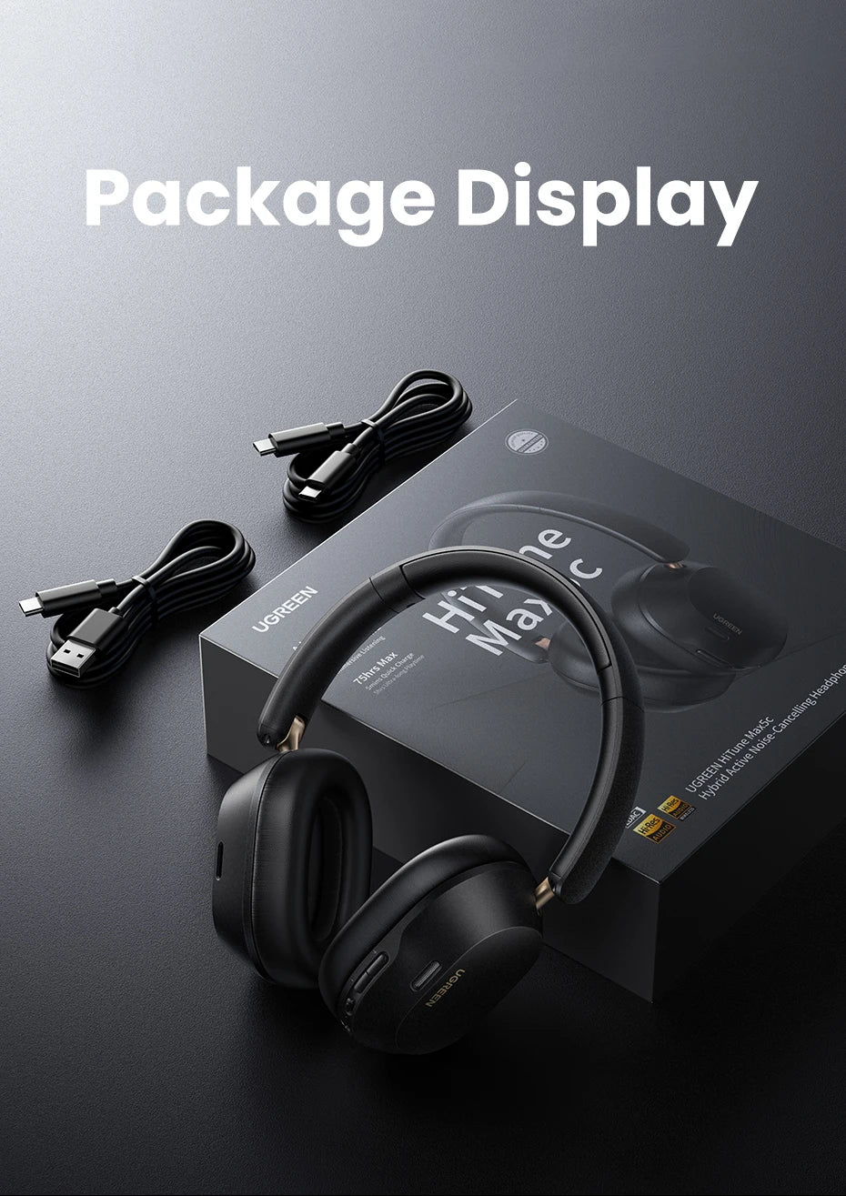 UGREEN Max5c ANC headphones with LDAC Hi-Res audio, over-ear design, and 75-hour battery life, shown in a sleek black finish