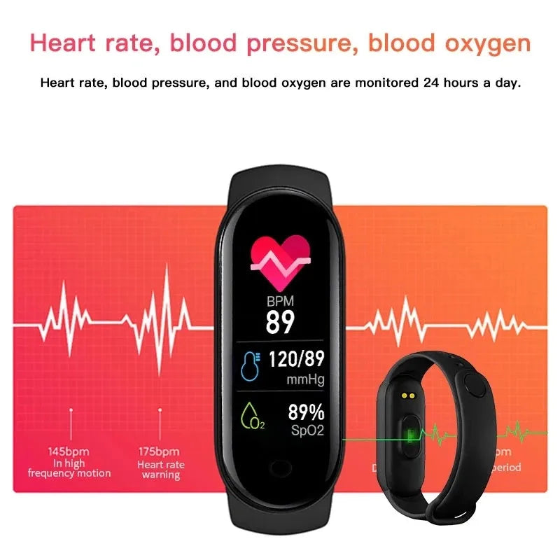 Nova Mart M7 Smart Band with heart rate monitor and fitness tracking, showing colorful dial on a sleek smartwatch display.