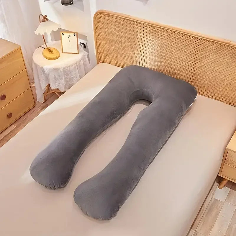 U-shaped maternity body pillow with removable cover, designed for side sleepers, by Nova Mart.