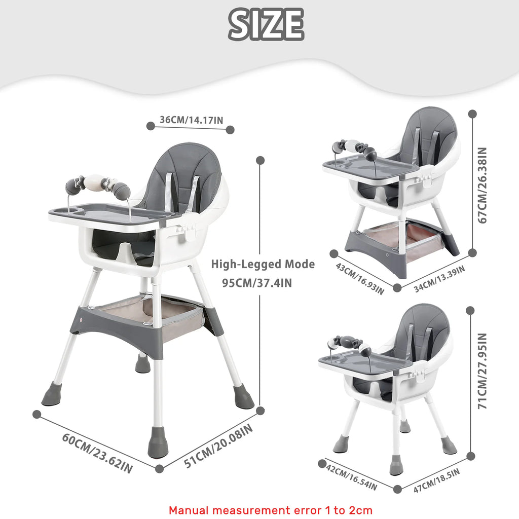 Portable Nova Mart baby high chair with toy rack and double dinner plates, featuring a convertible design and safety straps.