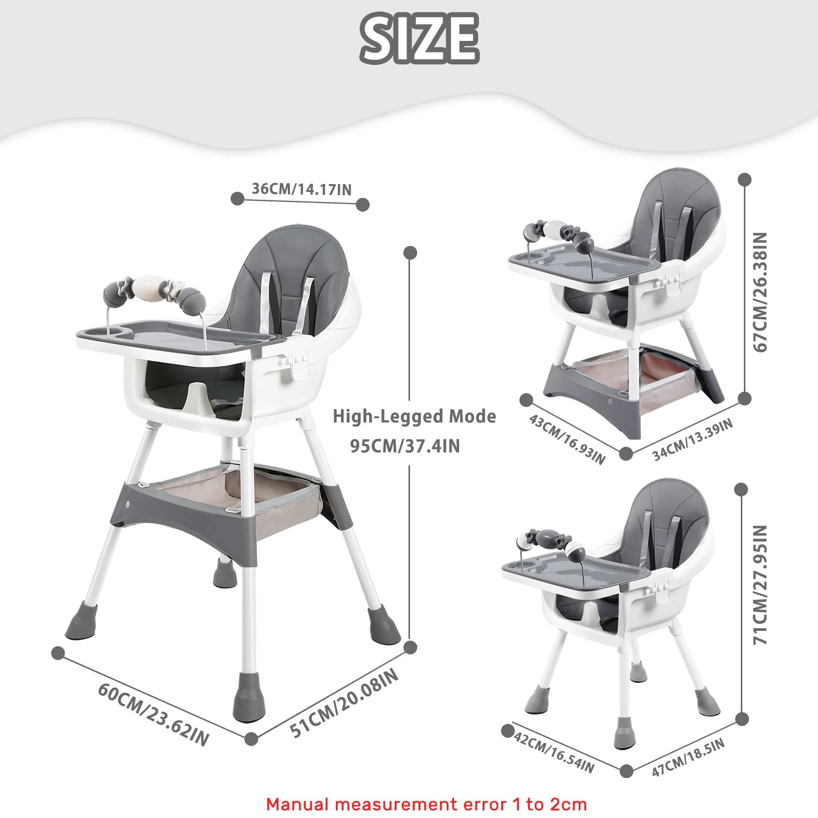 Portable Nova Mart baby high chair with toy rack and double dinner plates, featuring a convertible design and safety straps.