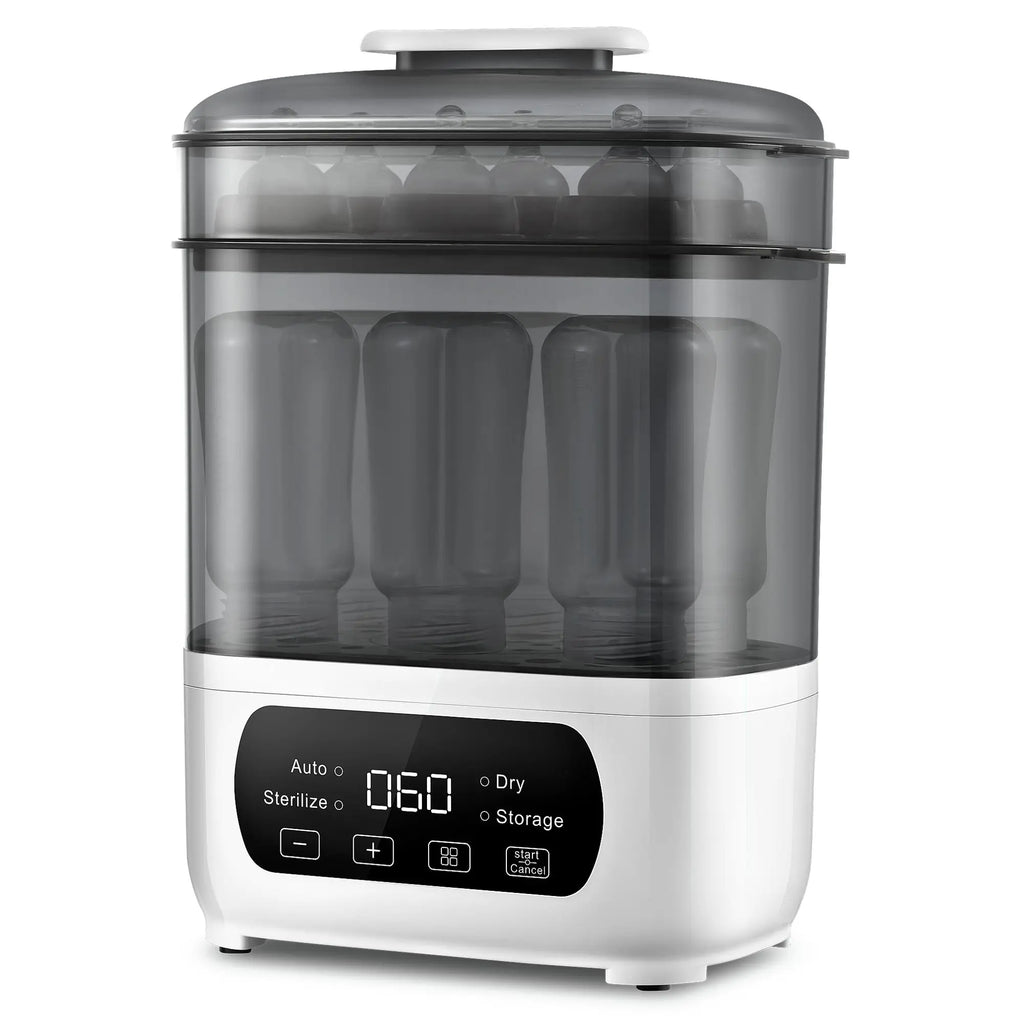 Nova Mart 4-in-1 baby bottle sterilizer and dryer with LED touch control, auto shut-off, suitable for all bottle types.