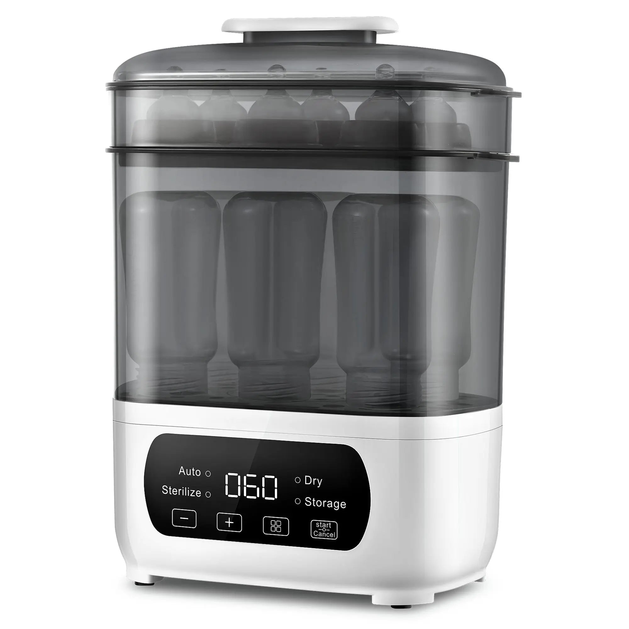 Nova Mart 4-in-1 baby bottle sterilizer and dryer with LED touch control, auto shut-off, suitable for all bottle types.