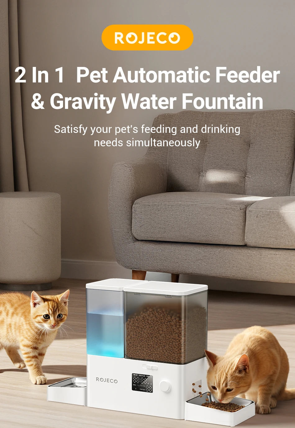 ROJECO 2In1 Automatic Pet Feeder Gravity Water Fountain 8.5L Button Version Auto Cat Kibble Dispenser with Water Refill Drinker - Image 7
