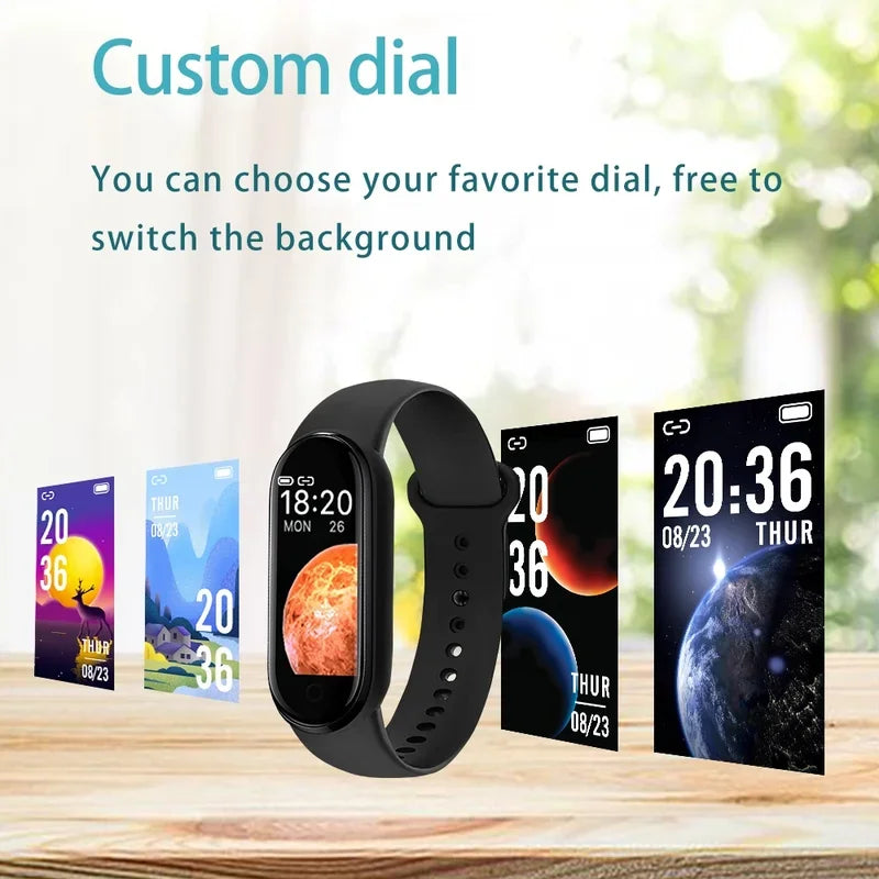 Nova Mart M7 Smart Band showing heart rate monitor, fitness tracking, and colorful dial display on a sleek smart watch screen.
