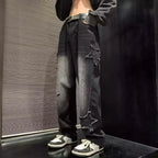Men's brown Y2K Stars embroidery straight-leg jeans by Nova Mart, stylish hip-hop denim with star details and classic fit.