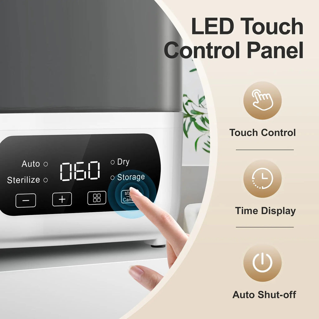 Nova Mart 4-in-1 baby bottle sterilizer and dryer with LED touch control, auto shut-off, and universal fit for all bottles.