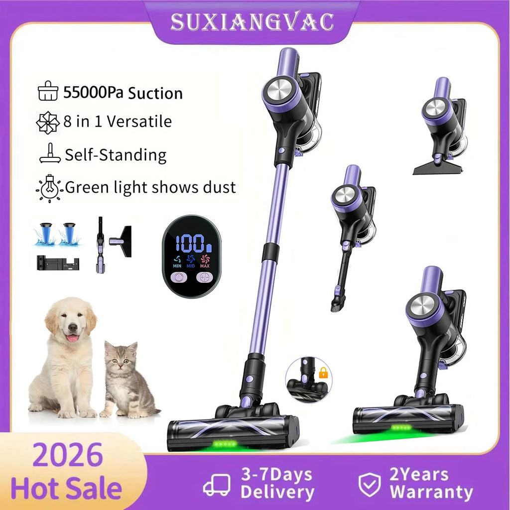 Self-standing cordless vacuum cleaner with 500W power, 55Kpa suction, and smart LED screen by Nova Mart.
