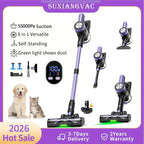 Self-standing cordless vacuum cleaner with 500W power, 55Kpa suction, and smart LED screen by Nova Mart.