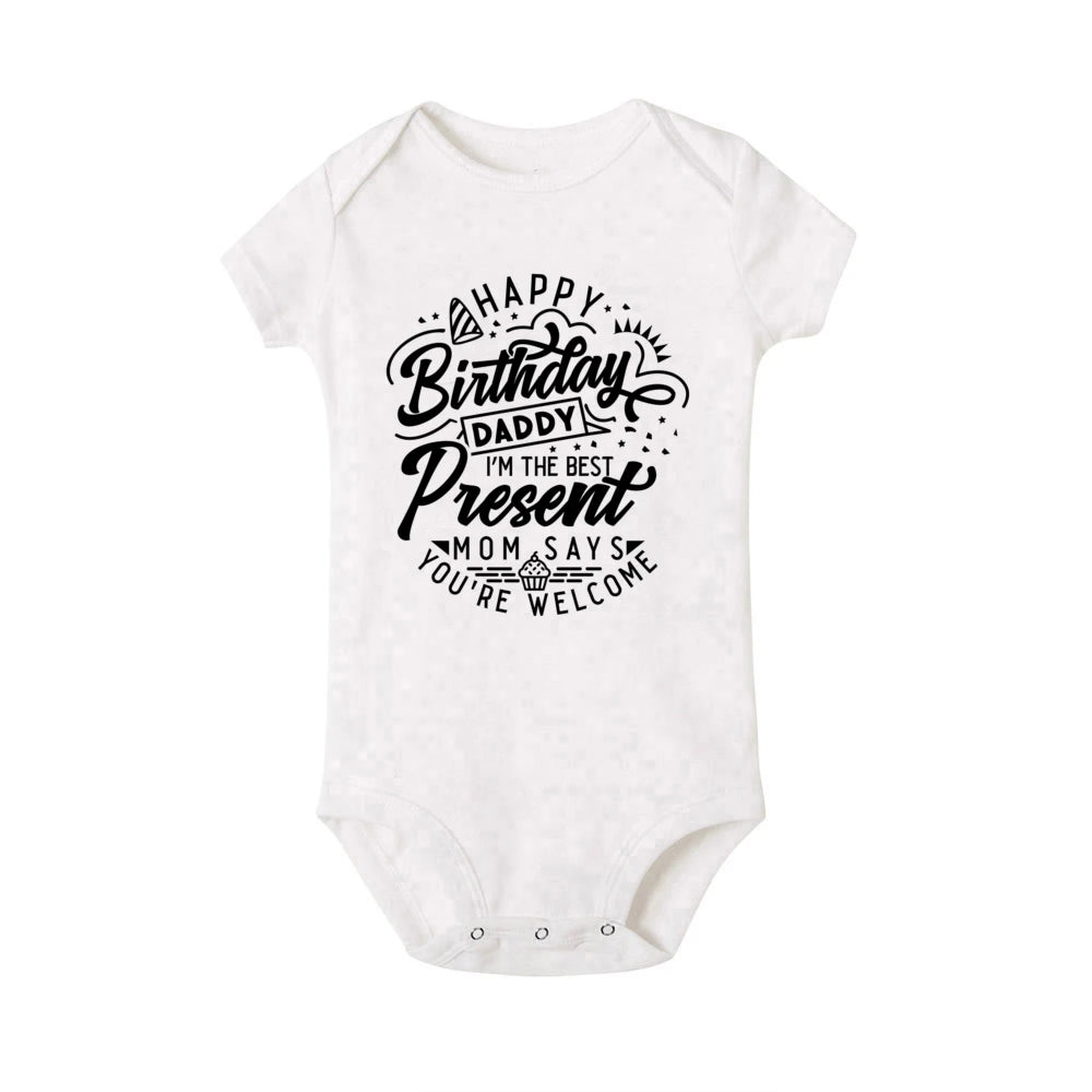 Baby boy's short sleeve summer romper from Nova Mart with "Happy Birthday Daddy" print, perfect for birthday celebrations.