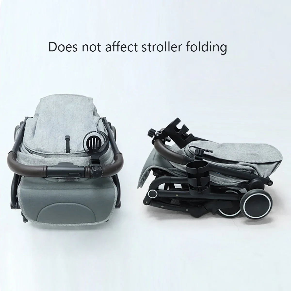 Universal baby stroller cup holder by Nova Mart, attaches securely to strollers for convenient bottle and drink storage.