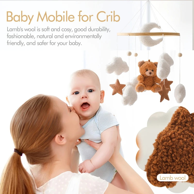 Wooden baby crib mobile by Nova Mart featuring a soft felt cartoon bear and a music box for soothing bedtime decor.