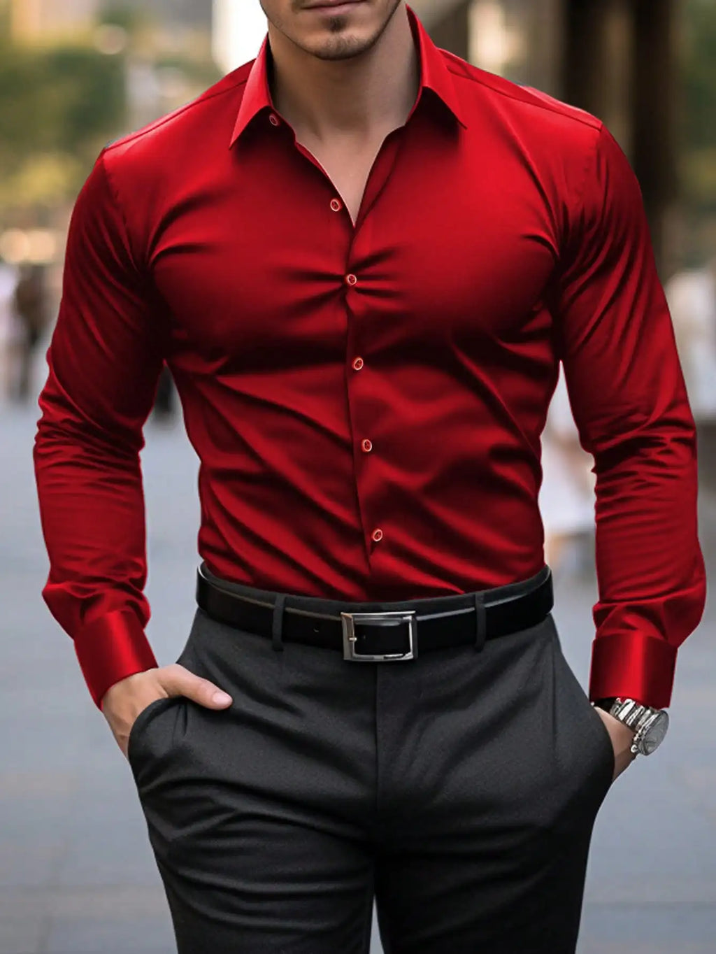 Men's red formal dress shirt by Nova Mart featuring long sleeves and a classic fit, displayed on a white background.