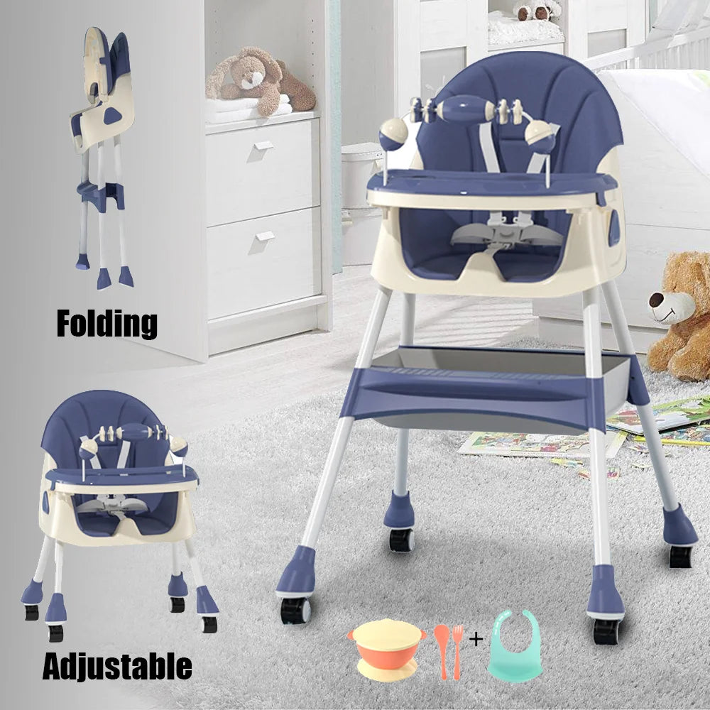 Foldable Nova Mart 4-in-1 baby high chair with 7 height settings, toy rack, and adjustable features, suitable for nursery use.