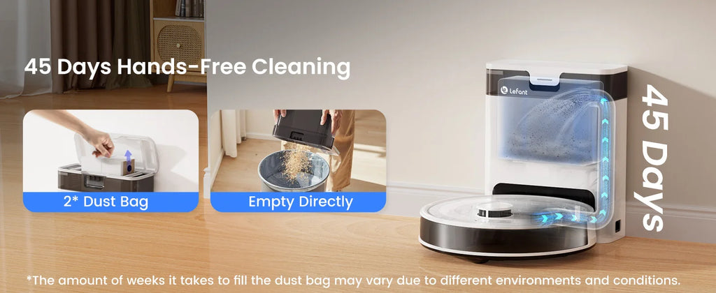 Lefant M2 Pro robot vacuum and mop combo with 5500Pa suction, LiDAR navigation, in black, on a hardwood floor.