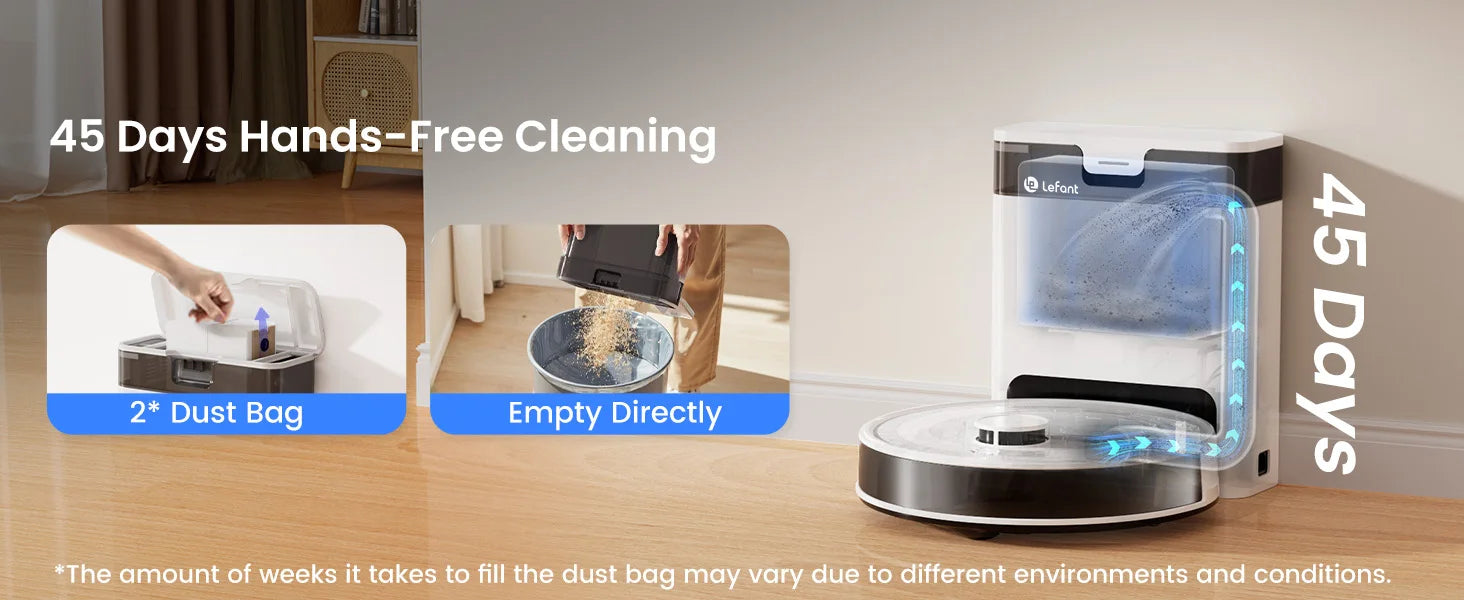 Lefant M2 Pro robot vacuum and mop combo with 5500Pa suction, LiDAR navigation, in black, on a hardwood floor.