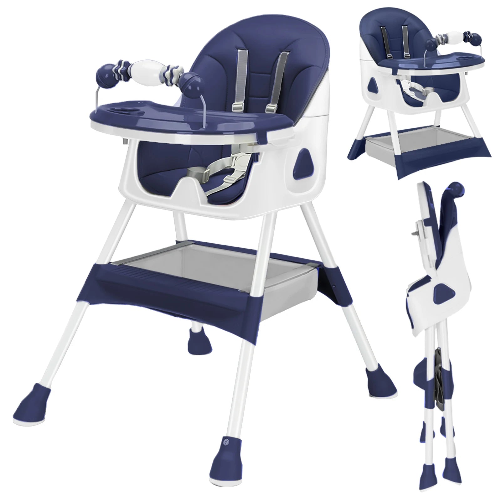 Foldable Nova Mart baby high chair with antislip pad and toy rack, showing a secure, comfortable seating area for infants.