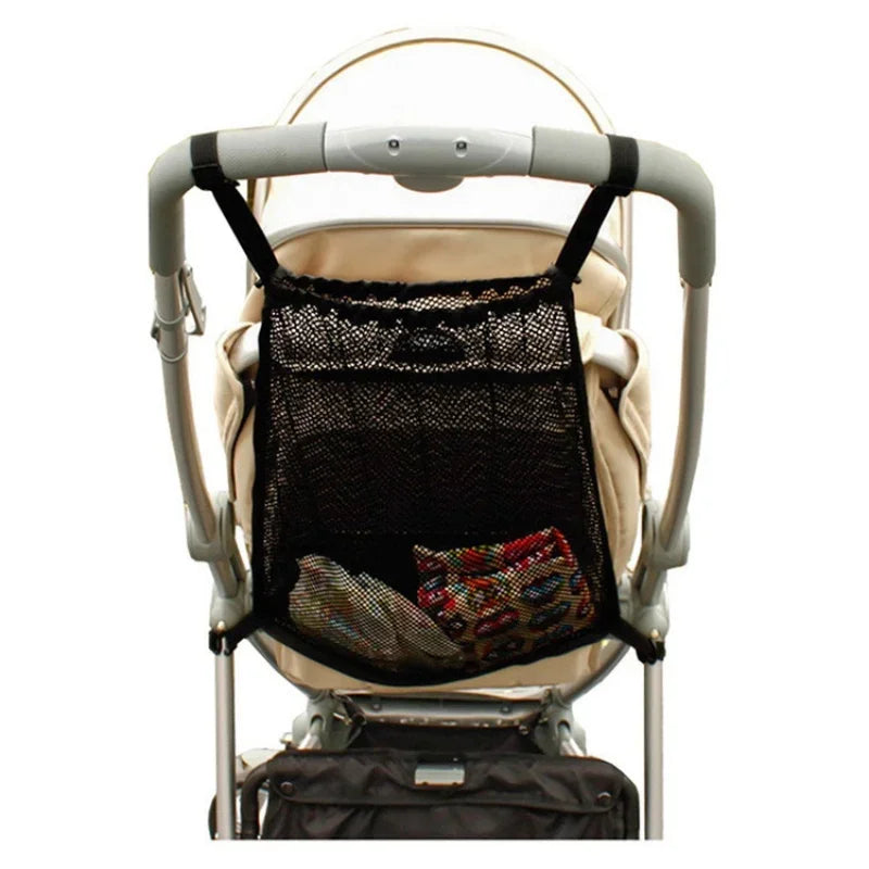 Large capacity Nova Mart baby stroller mesh storage bag hanging on stroller for convenient organization and easy access.