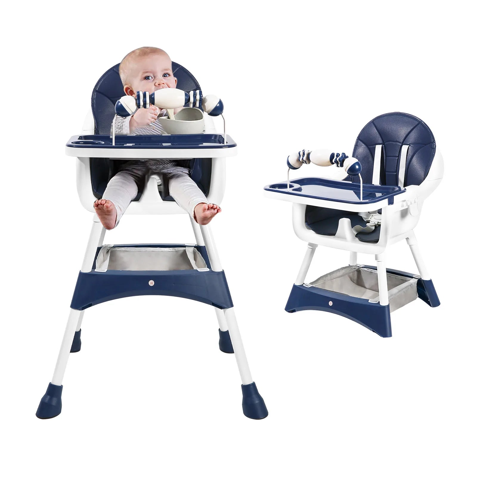 Portable Nova Mart convertible baby high chair with toy rack and double dinner plates, shown with adjustable seat and safety straps.