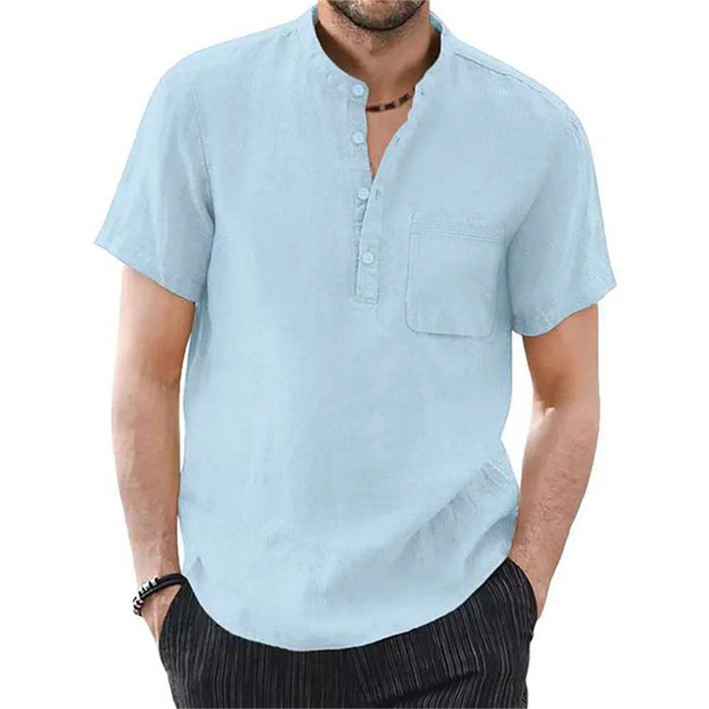 Men's cotton linen short sleeve T-shirt by Nova Mart in solid color, breathable summer casual men's fashion style.