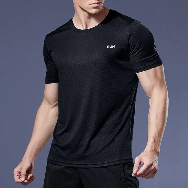 Men's high elastic ice silk T-shirt by Nova Mart, quick-dry fabric, lightweight and breathable for active wear.