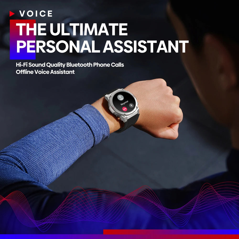 Smart watch showing AMOLED display and Hi-Fi call icons, with a rugged military-grade design in a sleek Nova Mart Zeblaze Vibe 7 Pro.