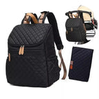 Nova Mart denim baby diaper bag backpack with thermal bottle pocket, showing multiple compartments and adjustable straps.