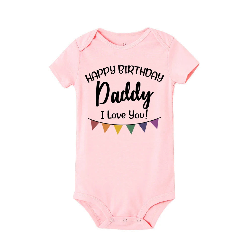Baby boys' short sleeve birthday romper from Nova Mart with "Happy Birthday Daddy" print, perfect for summer celebrations.