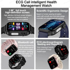 Nova Mart ECG+PPG smartwatch showing blood fat, uric acid levels, and Bluetooth call feature on a sleek wearable device.