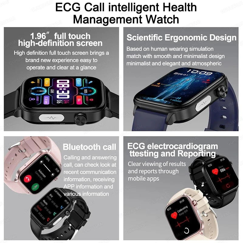Nova Mart ECG+PPG smartwatch showing blood fat, uric acid levels, and Bluetooth call feature on a sleek wearable device.