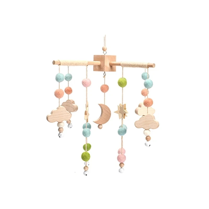 Wooden baby crib rattle toy with crochet bed bell bracket for infants 0-12 months, by Nova Mart, in soft natural wood and crochet design.