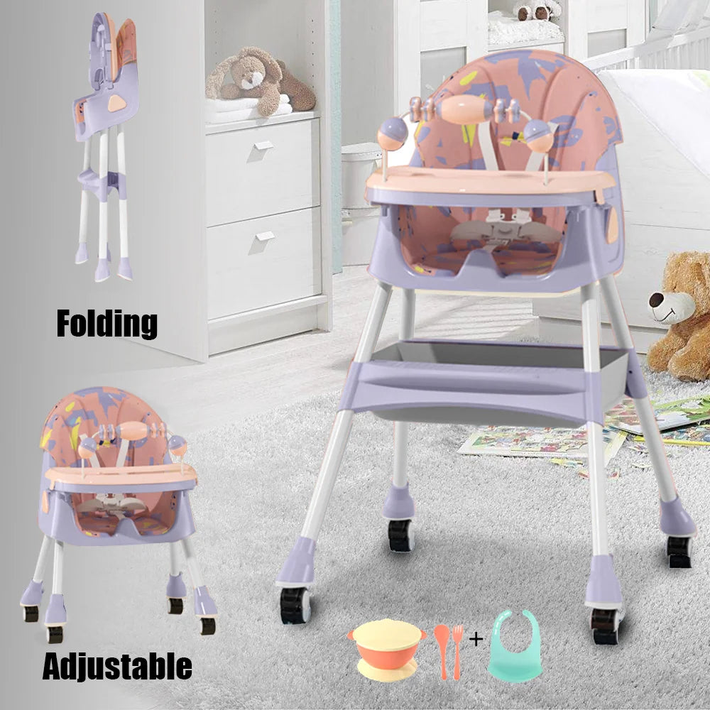 Foldable Nova Mart 4-in-1 baby high chair with 7 height settings and toy rack, featuring a sturdy frame and colorful design.