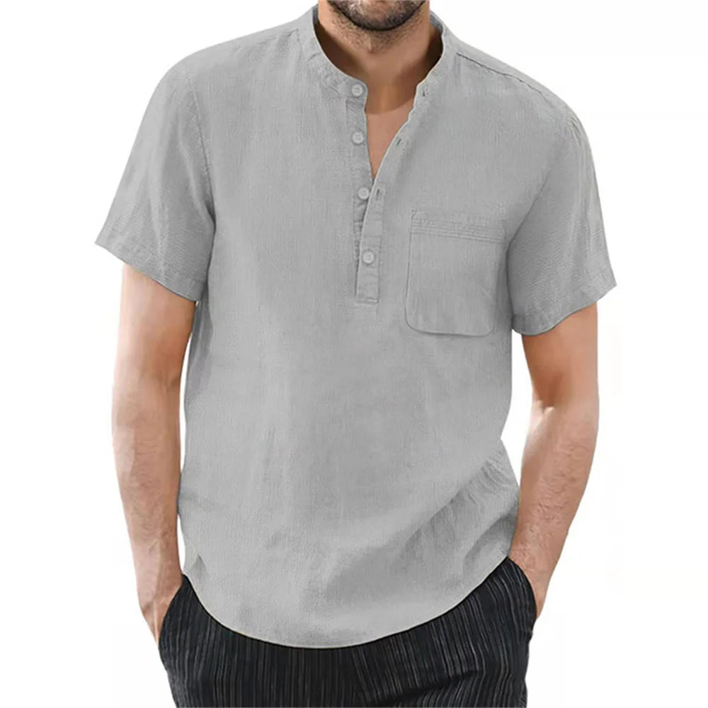 Men's cotton linen short sleeve T-shirt by Nova Mart in solid color, breathable summer casual men's fashion, shown flat.
