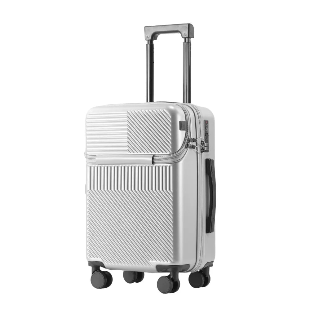Nova Mart PC hardshell carry-on luggage with combination lock, durable black suitcase with four wheels and telescopic handle.