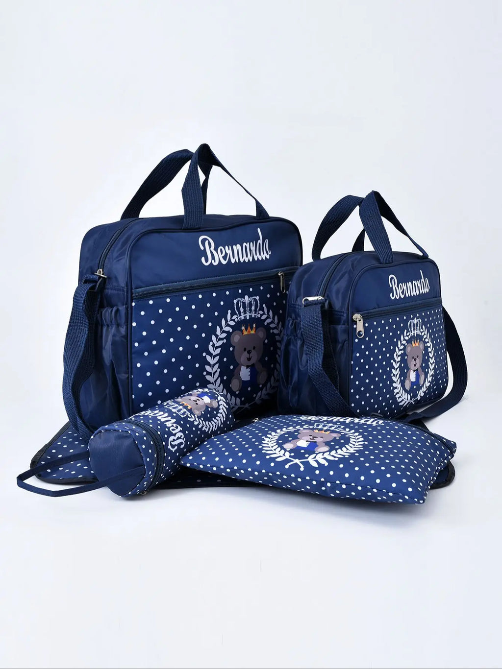 Large nylon diaper bag with bear print from Nova Mart, includes crossbody mommy bag and four matching accessories.