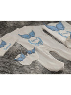 Newborn angel wings outfit set by Nova Mart, white and blue embroidered baby layette with angel wing details.