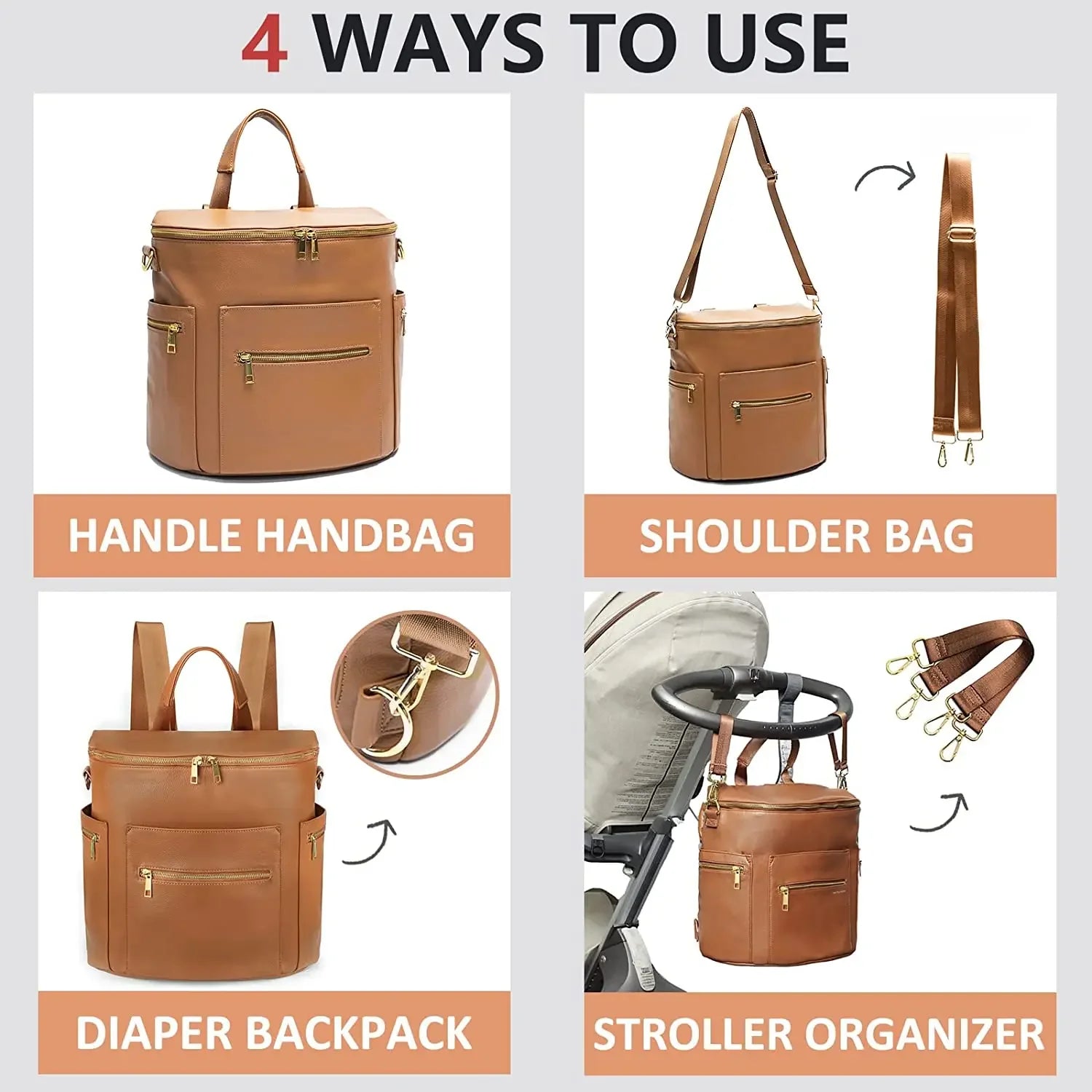 Nova Mart PU leather diaper backpack with changing pad and insulated pockets, stylish and functional baby care bag.