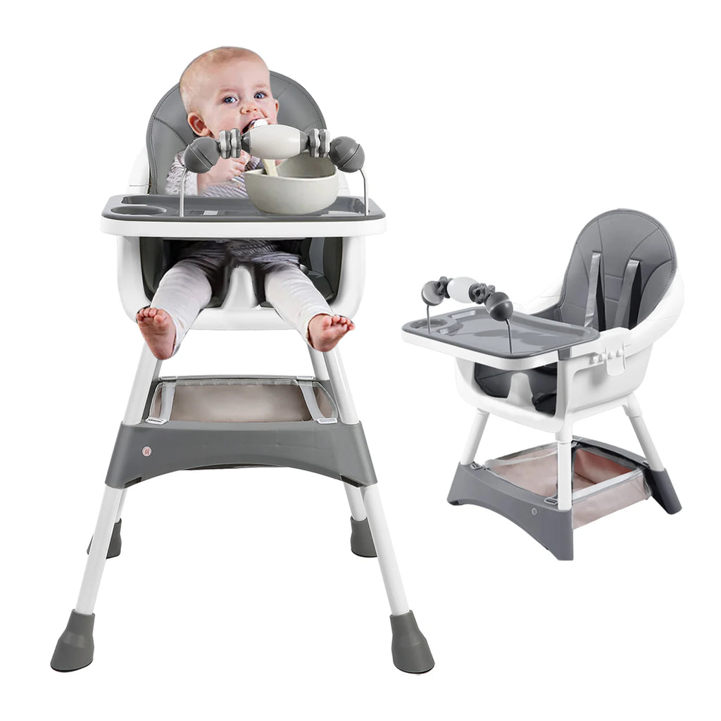 Portable Nova Mart baby high chair with toy rack and double dinner plate, foldable and suitable for feeding and play.
