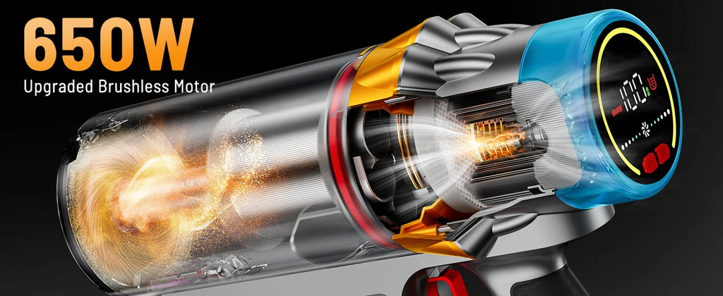 Nova Mart VAKERR X15 Pro cordless vacuum cleaner with 65Kpa suction, 650W motor, and 70-minute runtime, shown with attachments.