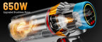 Nova Mart VAKERR X15 Pro cordless vacuum cleaner with 65Kpa suction, 650W motor, and 70-minute runtime, shown with attachments.