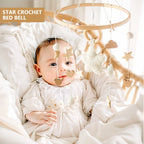 Wooden crochet stars baby crib mobile with rattle bell toy by Nova Mart, featuring soft crochet stars hanging for infant entertainment.